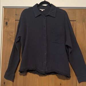 ee:some Oversized Button Front Gauze Blouse Top Womens S Charcoal Cotton Fringe